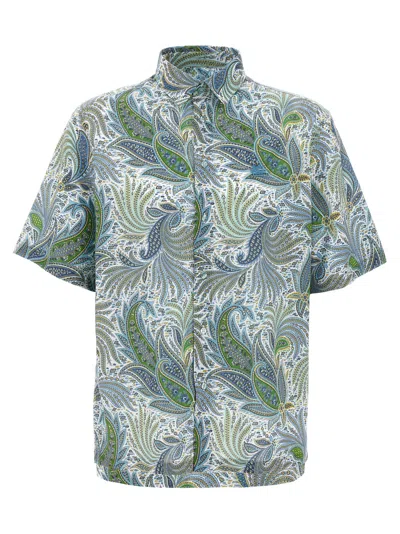 Etro Maxi Floral Print Short Sleeve Shirt For Men In Blue