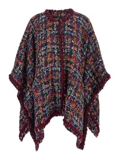 ETRO MULTICOLOR CREWNECK CAPE WITH WOVEN TRIMS IN WOOL BLEND WOMAN
