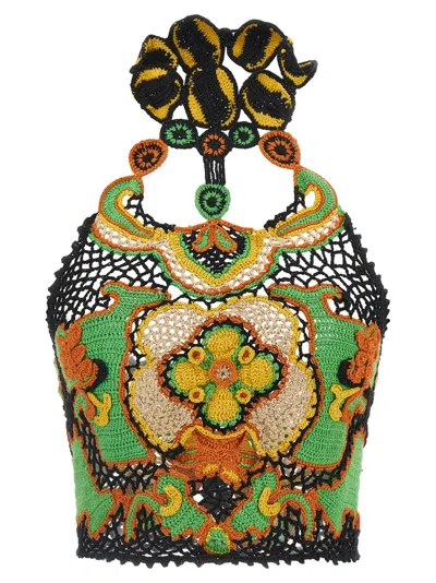 Etro Cotton Crop Top With Crochet-effect Floral Pattern In Multi