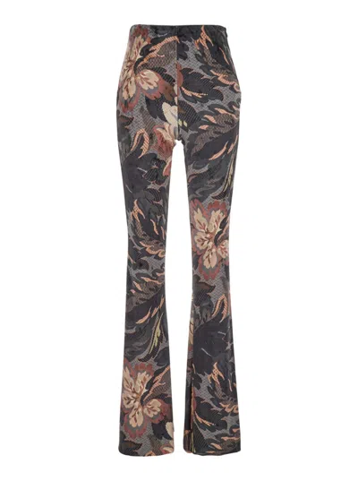 Etro Multicolor Flared Pants With All-over Motif In Velvet Woman