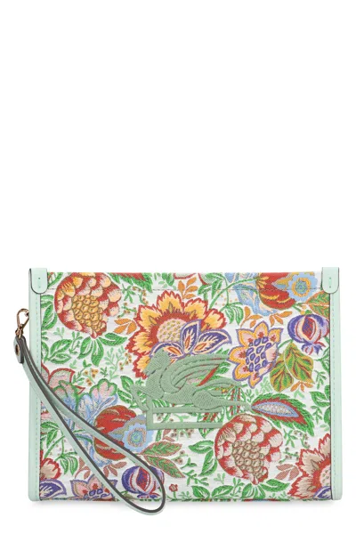 Etro Multicolor Floral Jacquard Clutch With Detachable Wrist Strap