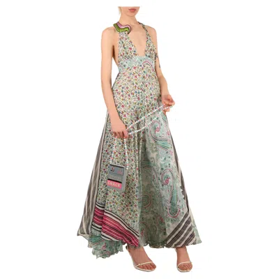 Pre-owned Etro Multicolor Floral Stripe Paisley Print Plunging Cut Out Maxi Dress Gown In Brown