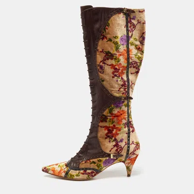 Pre-owned Etro Multicolor Leather And Floral Printed Velvet Knee Length Boots Size 39.5