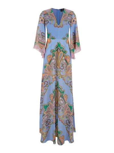 Etro Multicolor Long Dress With All-over Paisley Print And V-neck In Silk Woman