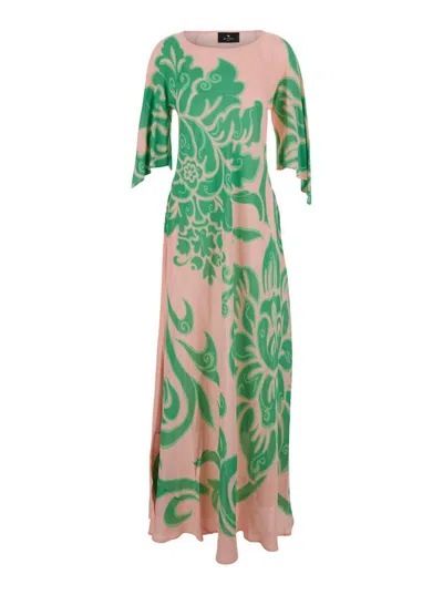 Etro Multicolor Long Dress With Round Neck And All-over Floral Print In Viscose Woman