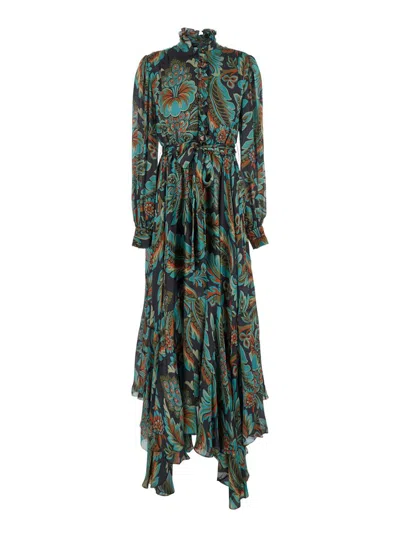Etro Multicolor Long Dress With Self-tie Belt And All-over Floral Print In Silk Woman In Green