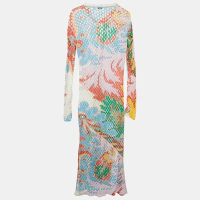 Pre-owned Etro Multicolor Patterned Linen Knit Button Front Long Cardigan M