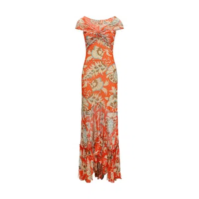 Etro Dress Printed Mesh Long Dress With Orange Polyamide Print For Women