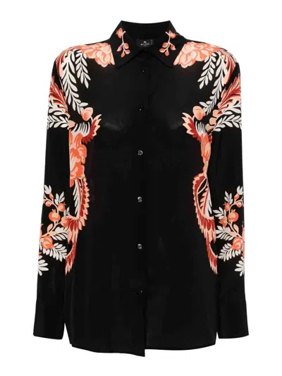 Etro Black Silk Shirt With Print In Multi