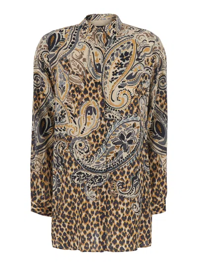 Etro Multicolor Shirt With Classic Collar And All-over Floral Animalier Silk