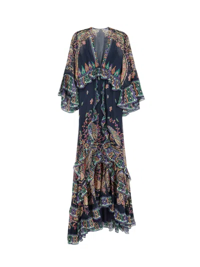 Etro Multicolor Silk Long Dress In Blue