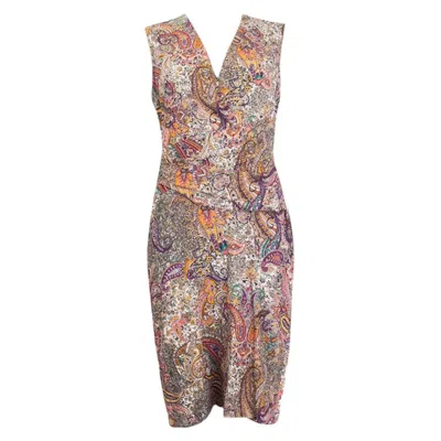 Pre-owned Etro Multicolor Silk Paisley Draped Sleeveless Dress 42 M In Brown