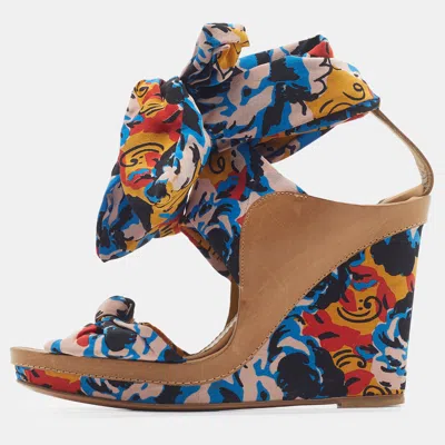 Pre-owned Etro Multicolor Size 39 Satin And Leather Platform Wedge Tie Up Sandals
