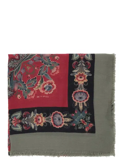Etro Multicolor Square Scarf With All-over Floral Motif In Cashmere And Silk Blend Woman