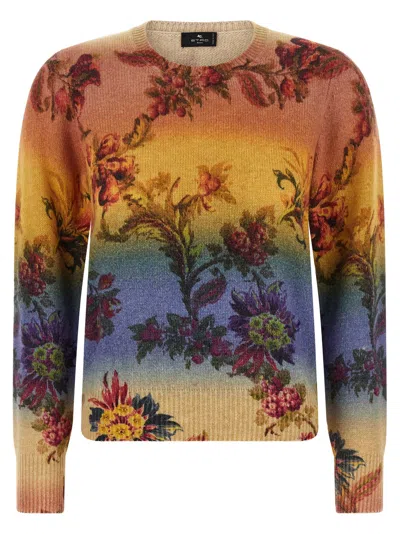 Etro Gradient Jacquard Crew Neck Floral Sweater In Multi