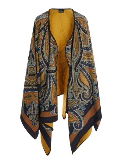 Etro Multicolored Tech Fabric Cape With Wide Collar & Button Front In Green