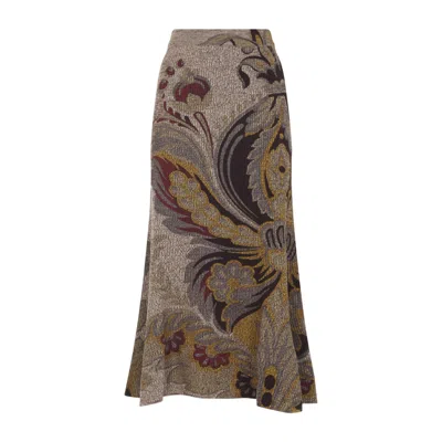 Etro Multicolour Flared Midi Skirt With Intricate Paisley Pattern In Brown