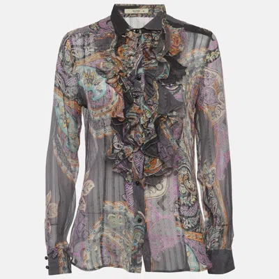 Pre-owned Etro Multicolour Paisley Print Silk Ruffle Blouse L