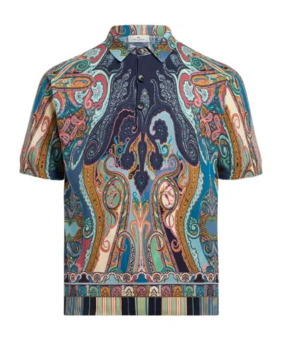 Etro Multicoloured Cotton Paisley Polo Shirt In Navyblau
