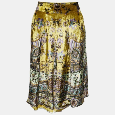 Pre-owned Etro Mustard Yellow Floral Print Velvet Pleated Skirt M