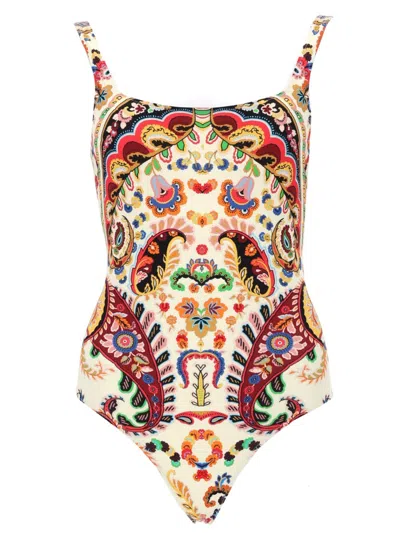 Etro Natural Swimsuit With Multicolored Flowers In Neutral