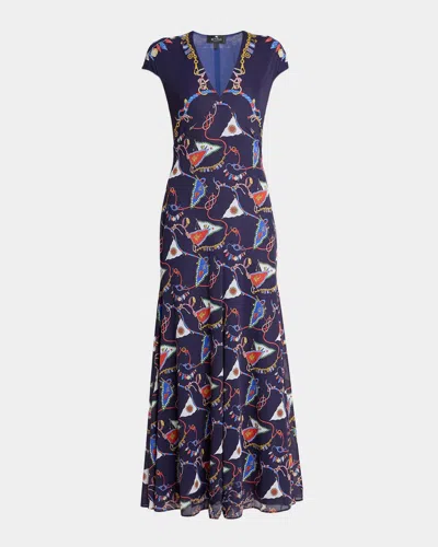 Etro Nautical Print Jersey Cap-sleeve Maxi Dress In Blue