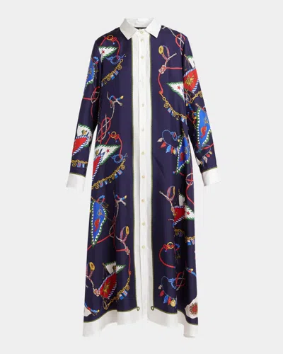 Etro Nautical Print Silk Long-sleeve Midi Shirtdress In Multi