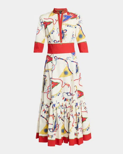 Etro Nautical-print Cotton Poplin Elbow-sleeve Midi Dress In White
