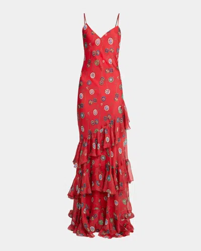 Etro Nautical-print Silk Chiffon Tiered Ruffle Maxi Slip Dress In Pink