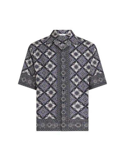 ETRO NAVY BLUE BOWLING SHIRT WITH MEDALLION PRINT