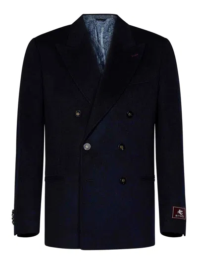 ETRO NAVY BLUE CASHMERE DOUBLE-BREASTED BLAZER WIT
