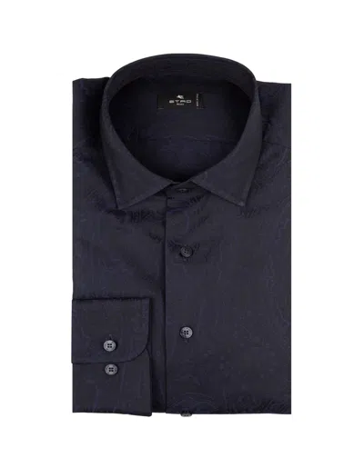 Etro Navy Blue Jacquard Paisley Shirt