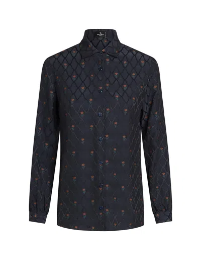 Etro Navy Blue Jacquard Silk Shirt