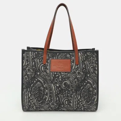 Pre-owned Etro Navy Blue Paisley Jacquard And Leather Shopper Tote