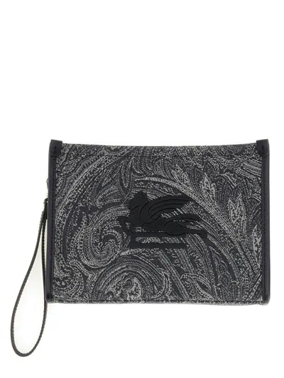 Etro Navy Blue Pouch With Paisley Jacquard Motif
