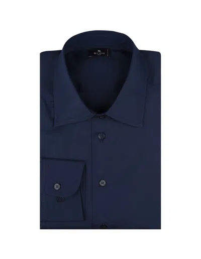 Etro Navy Blue Shirt With Embroidered Logo And Printed Undercollar