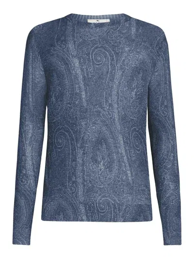 Etro Silk Blend Crew Neck Sweater With Paisley Embroidery In Blue