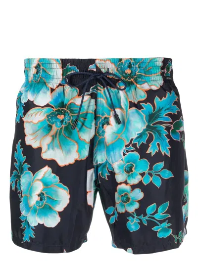 Etro Navy Blue Swim Shorts With Maxi Floral Print In White