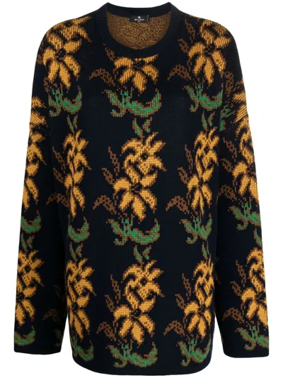 Etro Navy Floral Intarsia Wool Sweater For Men In Blue