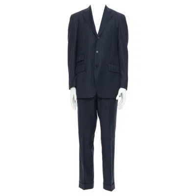 Pre-owned Etro Navy Pinstripe 100% Wool Single Breasted Cropped Blazer Jacket It50 L In Blue
