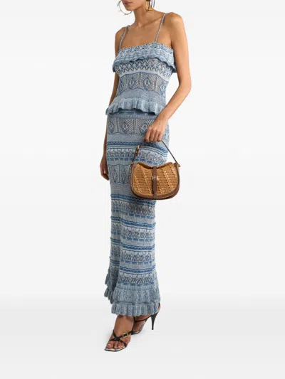 Etro Navy White Knit Skirt With Embroidered Details In Blue