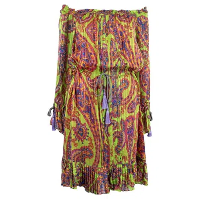 Pre-owned Etro Neon Green Silk 2017 Psychedelic Printed Tasseled Off Shoulder Dress 40 S