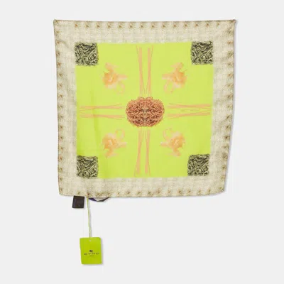 Pre-owned Etro Neon Green Spaghetti Printed Silk Pocket Square