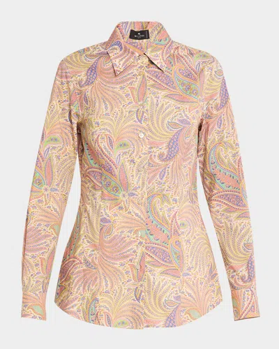 Etro Neutral Romantic Foliage Cotton Poplin Button-front Blouse In White Print