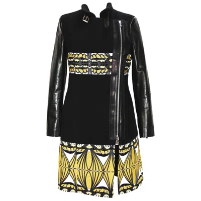 Pre-owned Etro New  Double Zip Fox Collar Leather Sleeve Black Yellow Coat 42 - 6