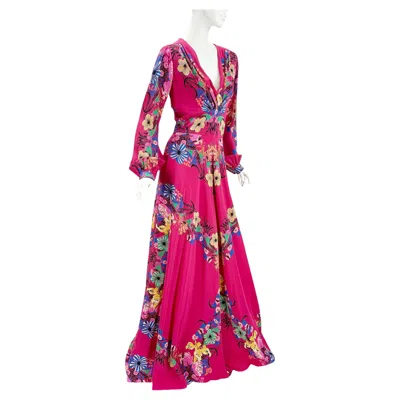 Pre-owned Etro New  Silk Fuchsia Color Floral Print Maxi Dress Italian 42 In Red
