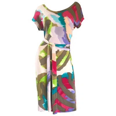 Pre-owned Etro New  Silk Jersey Tie Dye Print Belted Short Sleeve Vibrant Colorful Dress In Brown