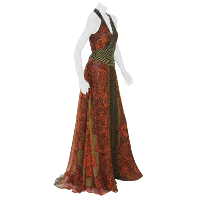 Pre-owned Etro New  Silk Paisley Print Orange Black Long Dress With Belt It. 42