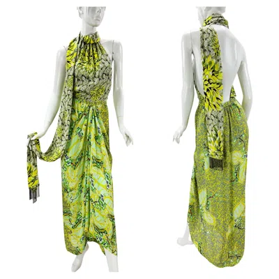 Pre-owned Etro New  Silk Runway Yellow Green Midi Open Back Dress With Scarf Italian 42
