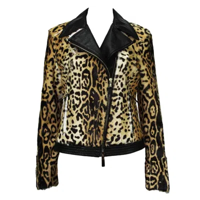 Pre-owned Etro New  Women Fur Lamb Leopard Print Leather Moto Jacket 42 - Us 6/8 In Black